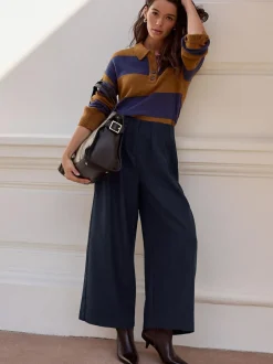 Next 100% Wool N.Premium Polo Jumper Camel Brown/Blue Stripe Sale