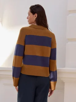 Next 100% Wool N.Premium Polo Jumper Camel Brown/Blue Stripe Sale