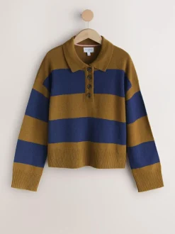 Next 100% Wool N.Premium Polo Jumper Camel Brown/Blue Stripe Sale
