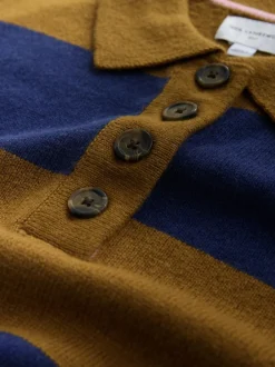 Next 100% Wool N.Premium Polo Jumper Camel Brown/Blue Stripe Sale