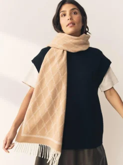 Next Premium Made in Italy Jacquard Monogram 100% Wool Midweight Scarf Camel Discount