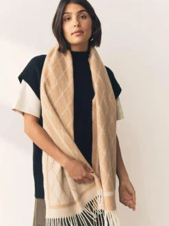 Next Premium Made in Italy Jacquard Monogram 100% Wool Midweight Scarf Camel Discount