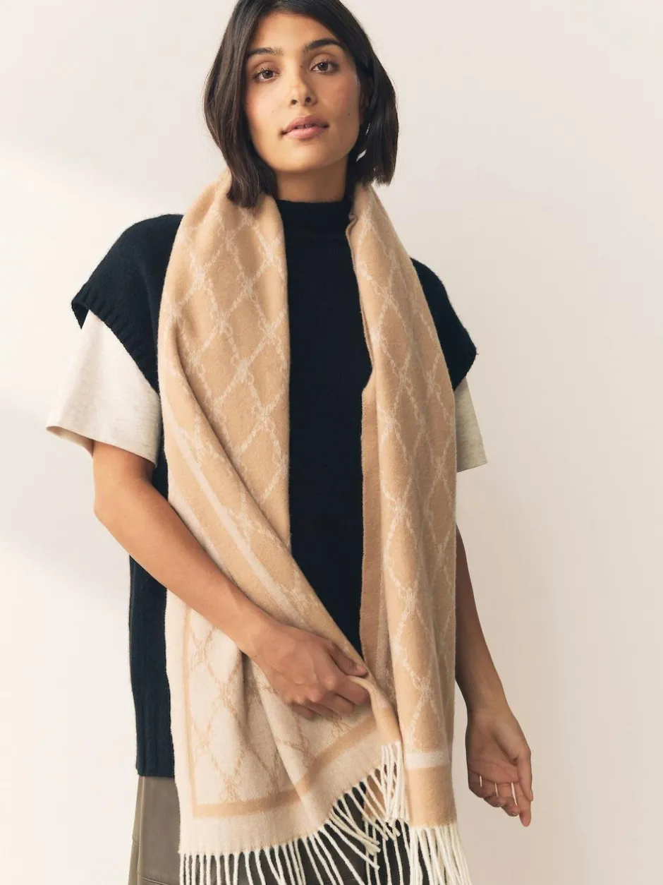 Next Premium Made in Italy Jacquard Monogram 100% Wool Midweight Scarf Camel Discount