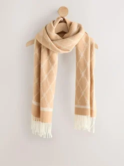 Next Premium Made in Italy Jacquard Monogram 100% Wool Midweight Scarf Camel Discount