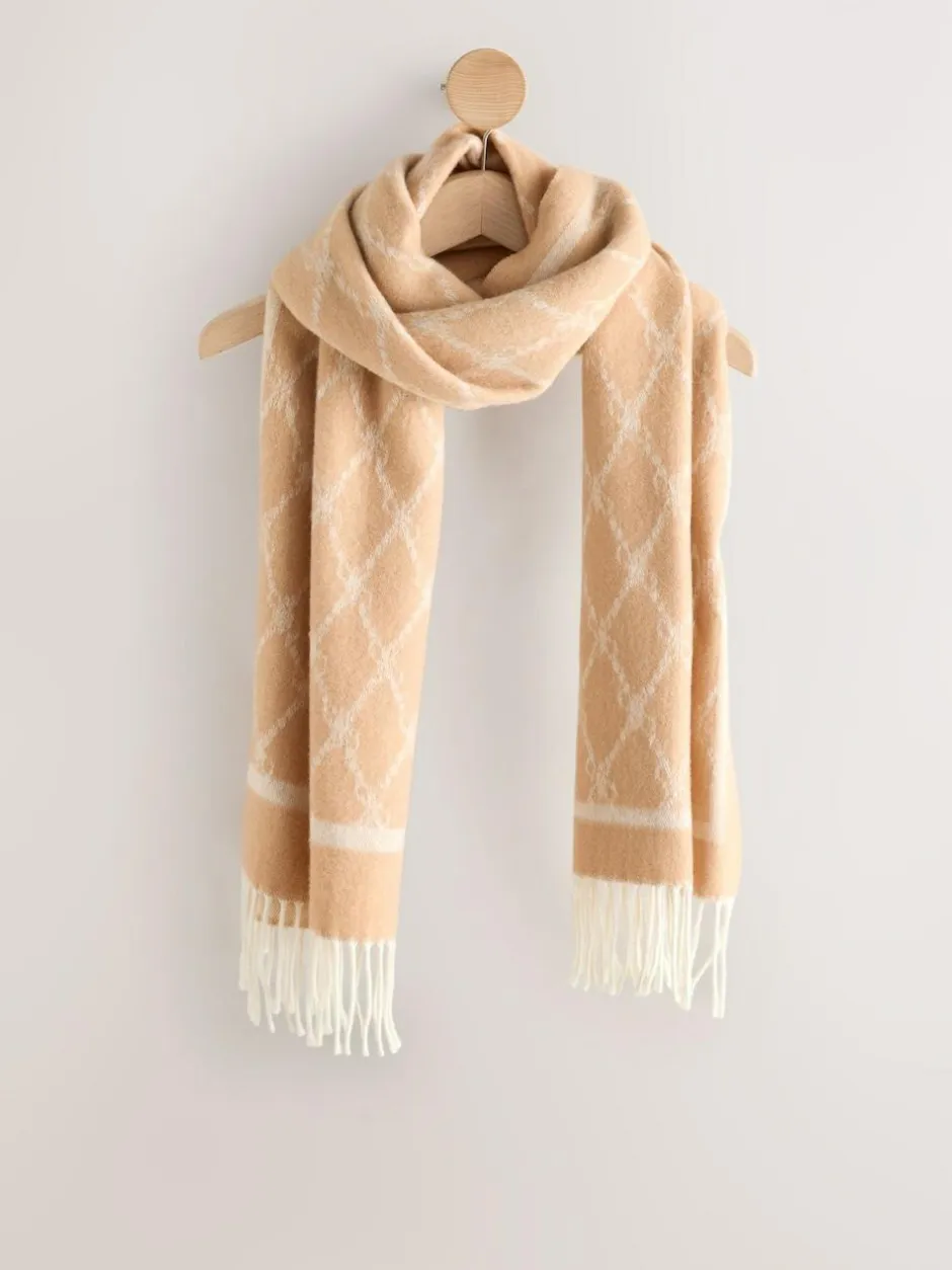 Next Premium Made in Italy Jacquard Monogram 100% Wool Midweight Scarf Camel Discount