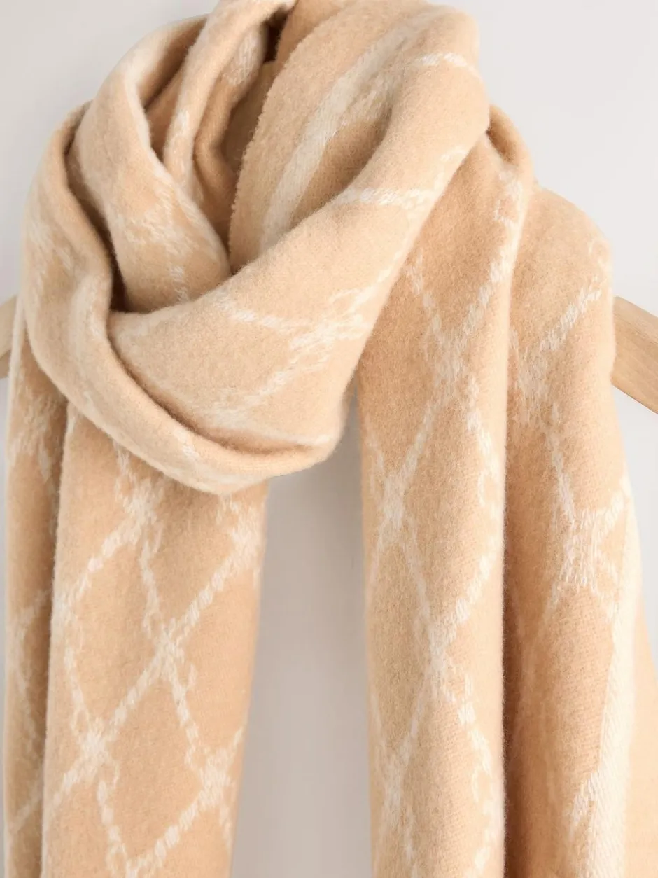Next Premium Made in Italy Jacquard Monogram 100% Wool Midweight Scarf Camel Discount