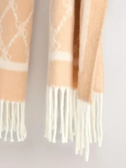 Next Premium Made in Italy Jacquard Monogram 100% Wool Midweight Scarf Camel Discount