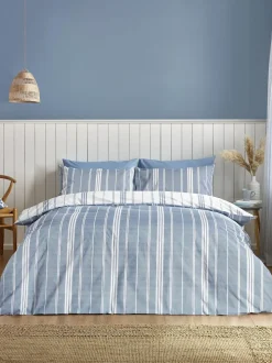 Catherine Lansfield Harbour Stripe Reversible Duvet Cover Set Blue Clearance