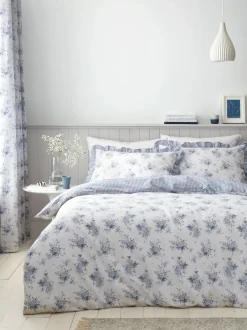 Catherine Lansfield Blue Lucie Floral Frill Reversible Duvet Cover Set Outlet