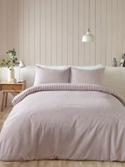 Catherine Lansfield Reversible Supersoft 100% Brushed Cotton Stripe Duvet Cover Set Blush Pink Clearance
