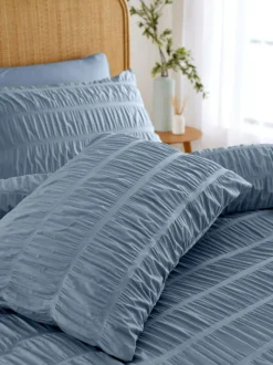 Catherine Lansfield Seersucker Easy Care Duvet Cover Set Chambray Blue Clearance
