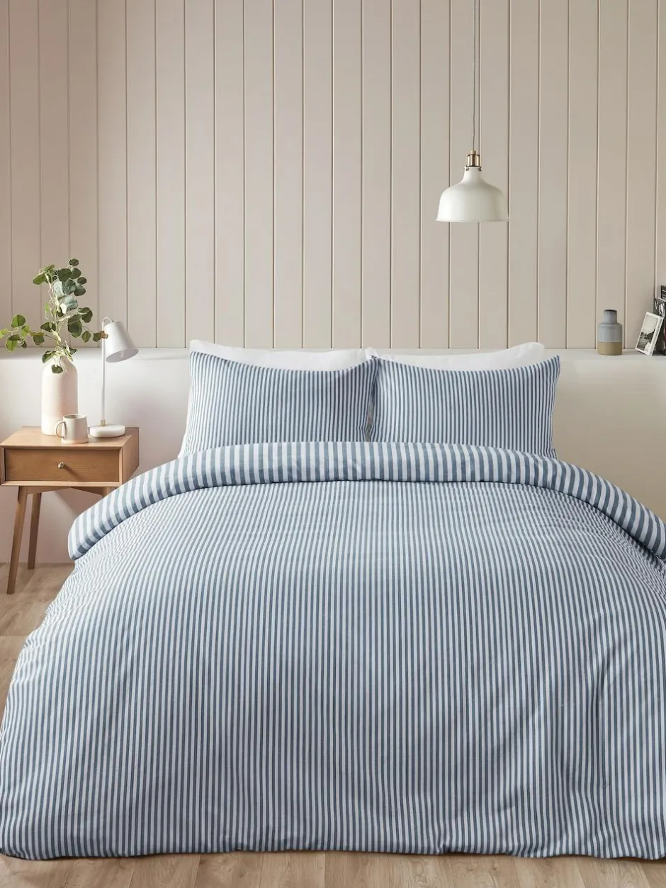 Catherine Lansfield Reversible Supersoft 100% Brushed Cotton Stripe Duvet Cover Set Chambray Blue Online
