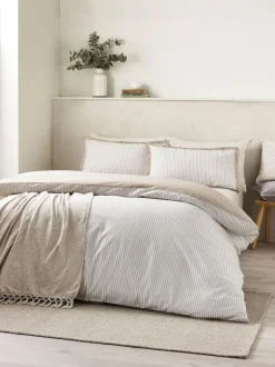 Catherine Lansfield Oxford Pinstripe Reversible Duvet Cover Set Natural Sale