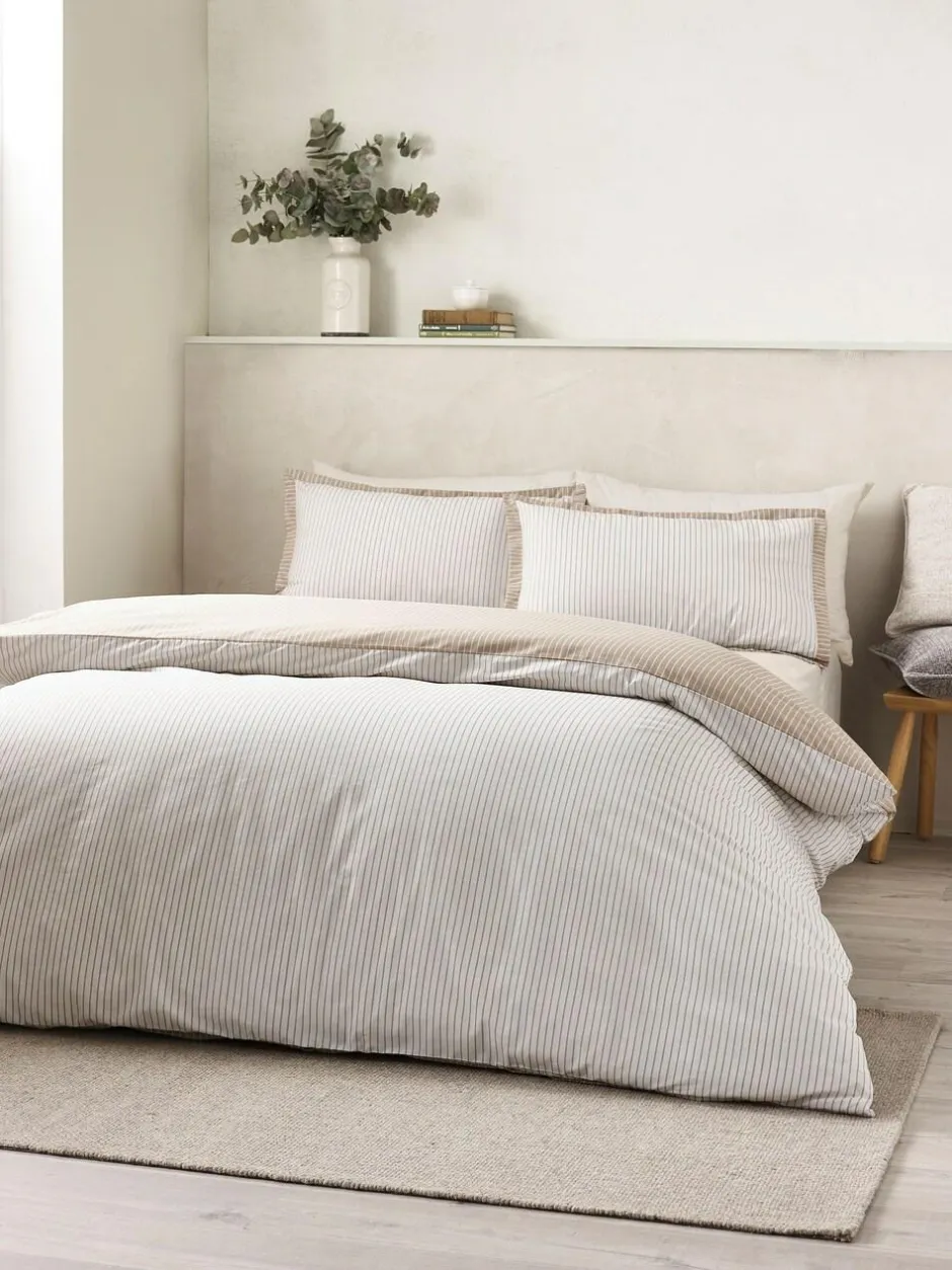 Catherine Lansfield Oxford Pinstripe Reversible Duvet Cover Set Natural Sale