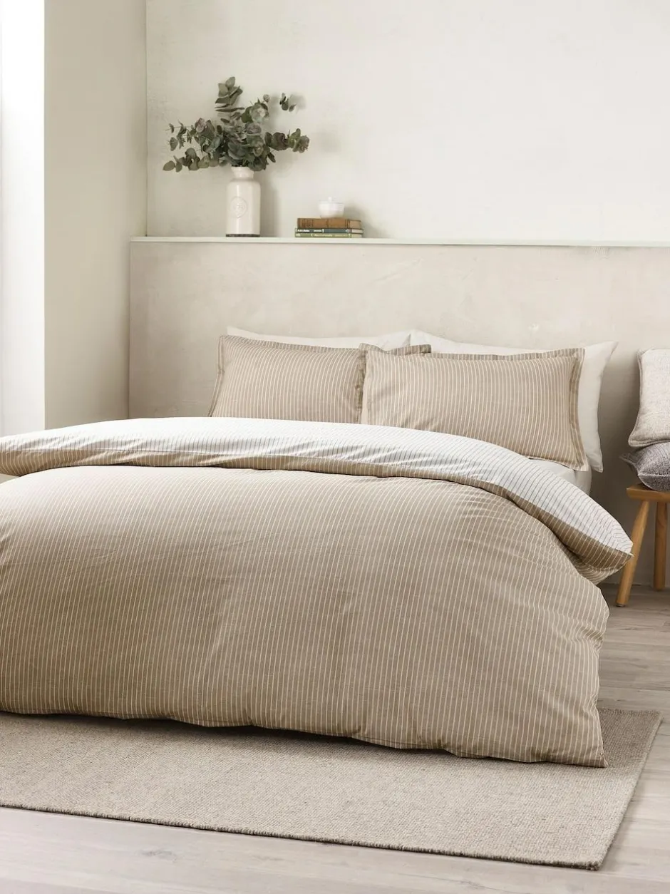 Catherine Lansfield Oxford Pinstripe Reversible Duvet Cover Set Natural Sale