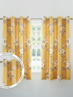 Catherine Lansfield Canterbury Floral Eyelet Curtains Ochre Yellow Online