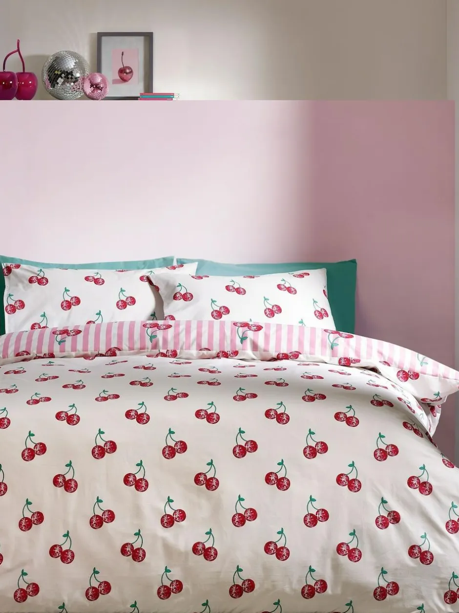 Catherine Lansfield Pink Disco Cherries Stripes Reversible Duvet Cover Set Online