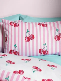 Catherine Lansfield Pink Disco Cherries Stripes Reversible Duvet Cover Set Online