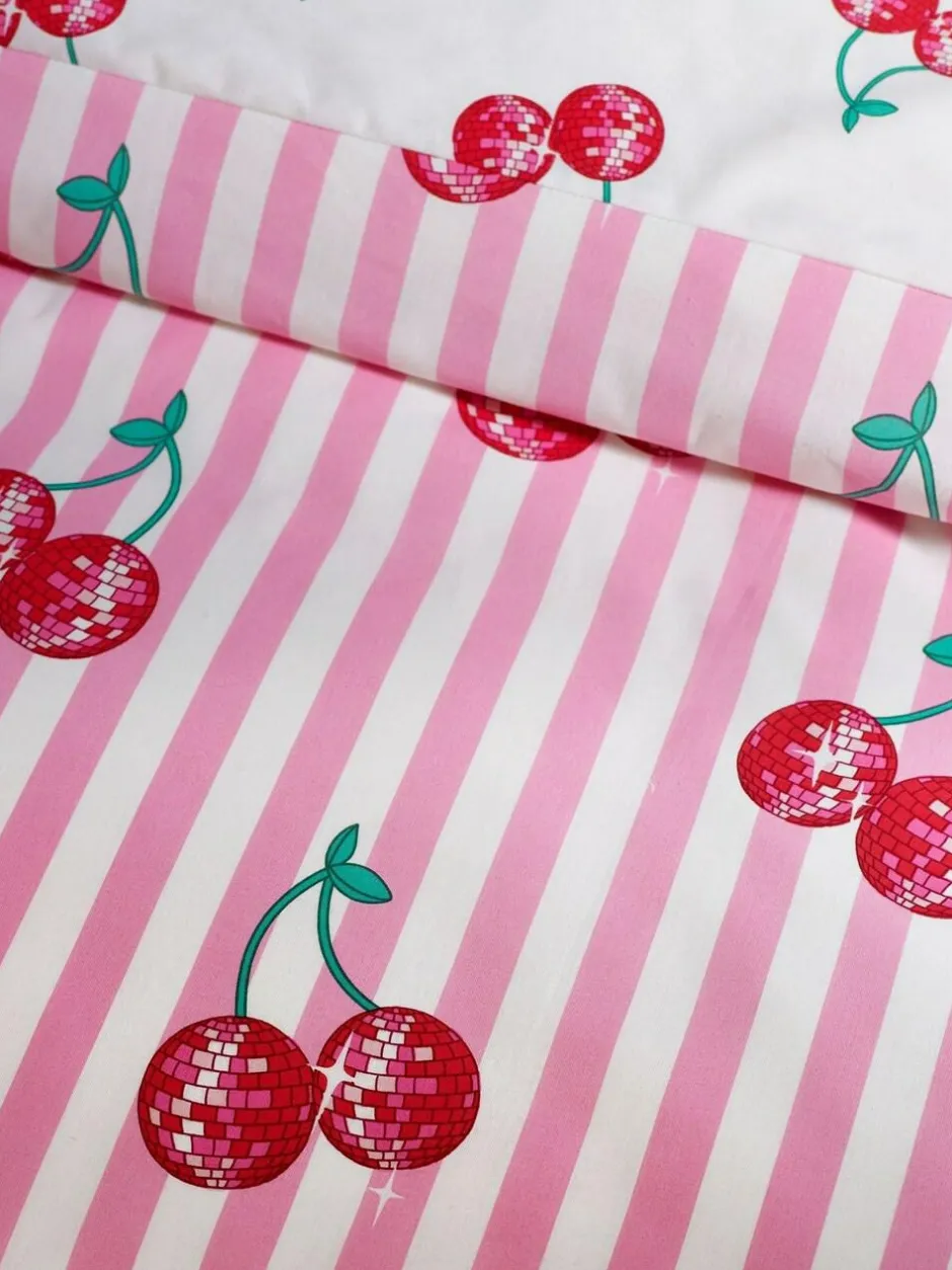 Catherine Lansfield Pink Disco Cherries Stripes Reversible Duvet Cover Set Online
