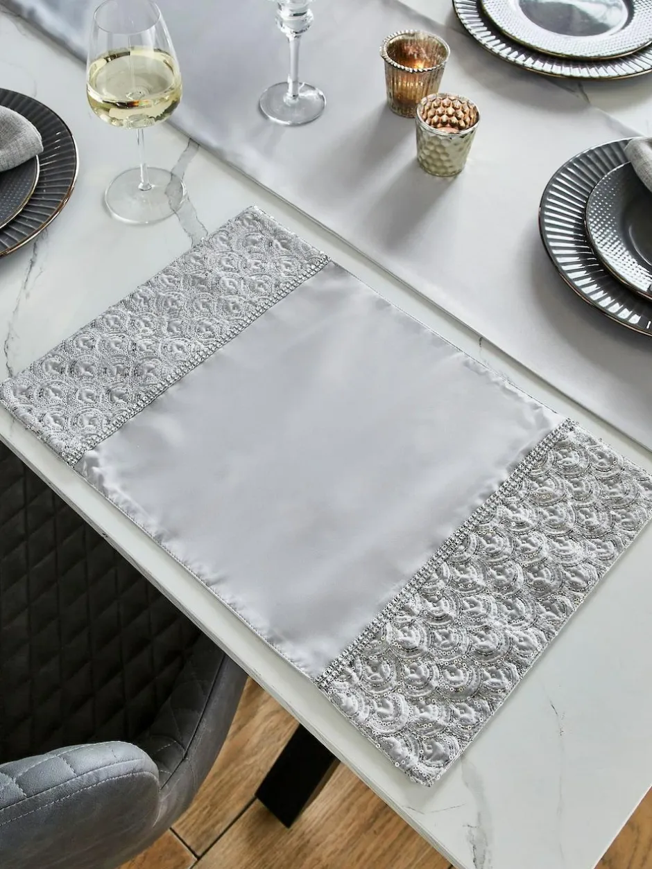 Catherine Lansfield Set of 4 Deco Sequin Dining Placemats Silver Hot