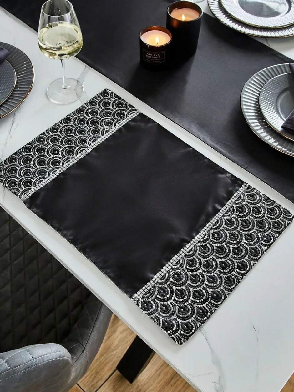 Catherine Lansfield Set of 4 Deco Sequin Dining Placemats Black Outlet