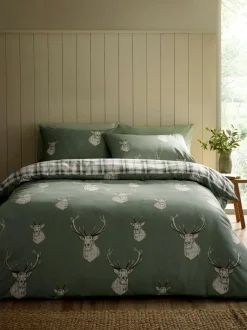 Catherine Lansfield Soft Green Christmas Stag Check Reversible Duvet Cover Set Best