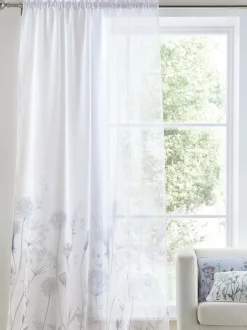 Catherine Lansfield White Meadowsweet Floral Voile Slot Top Sheer Panel Curtains Outlet