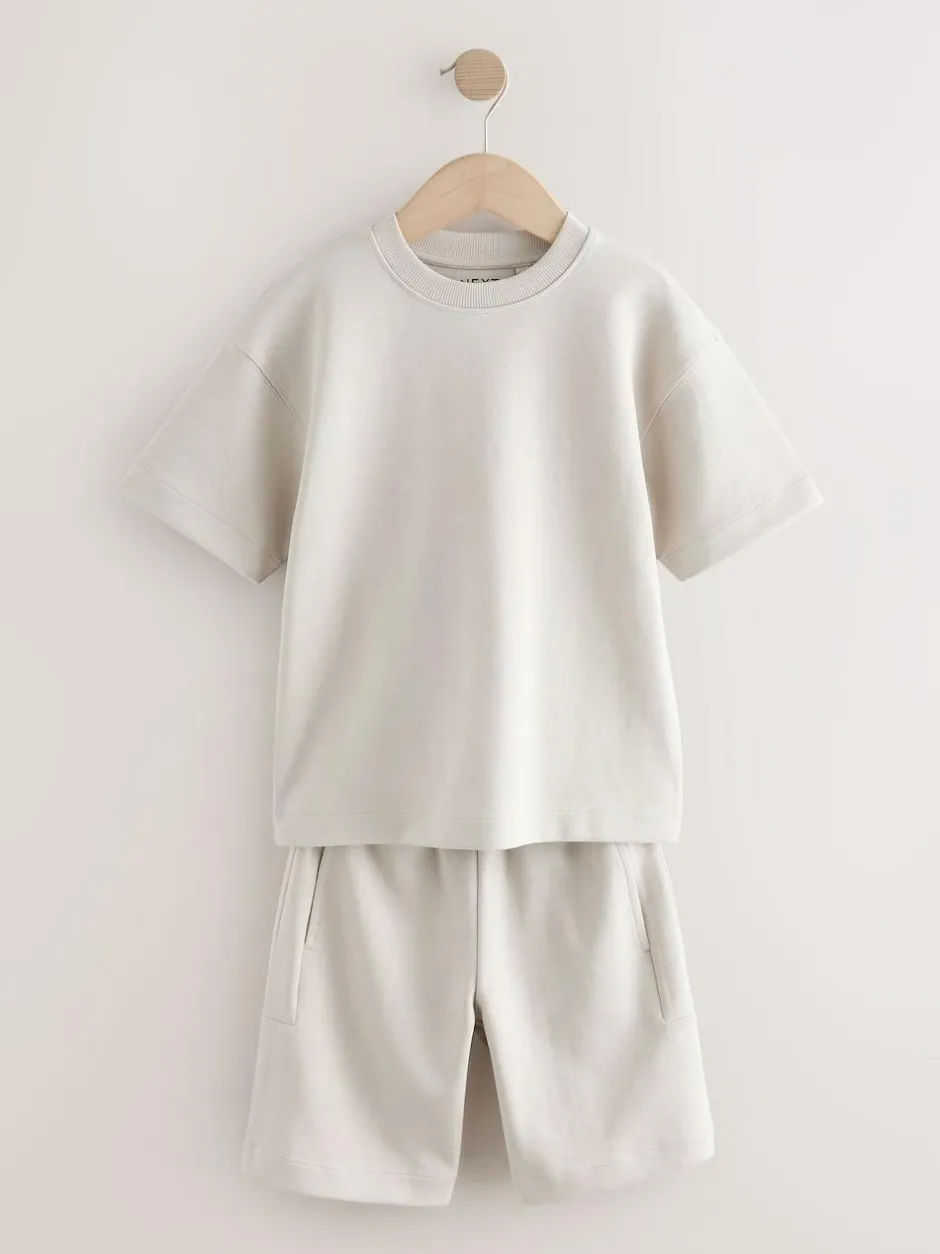 Next Relaxed Fit Heavyweight T-Shirt and Shorts Set (3-16yrs) Cement Sale