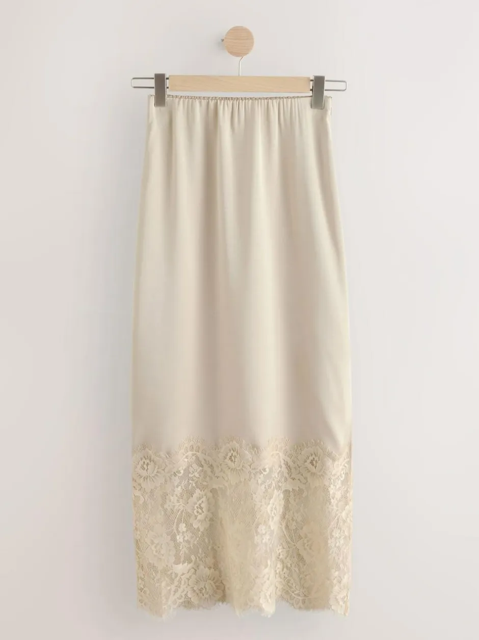 Next Satin Midi Skirt With Lace Trim Champagne Gold Outlet