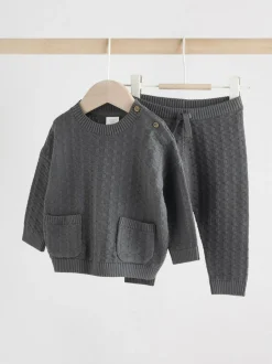 Next Baby Textured Knitted 100% Cotton Jumper and Leggings Set (0mths-3yrs) Charcoal Grey Discount