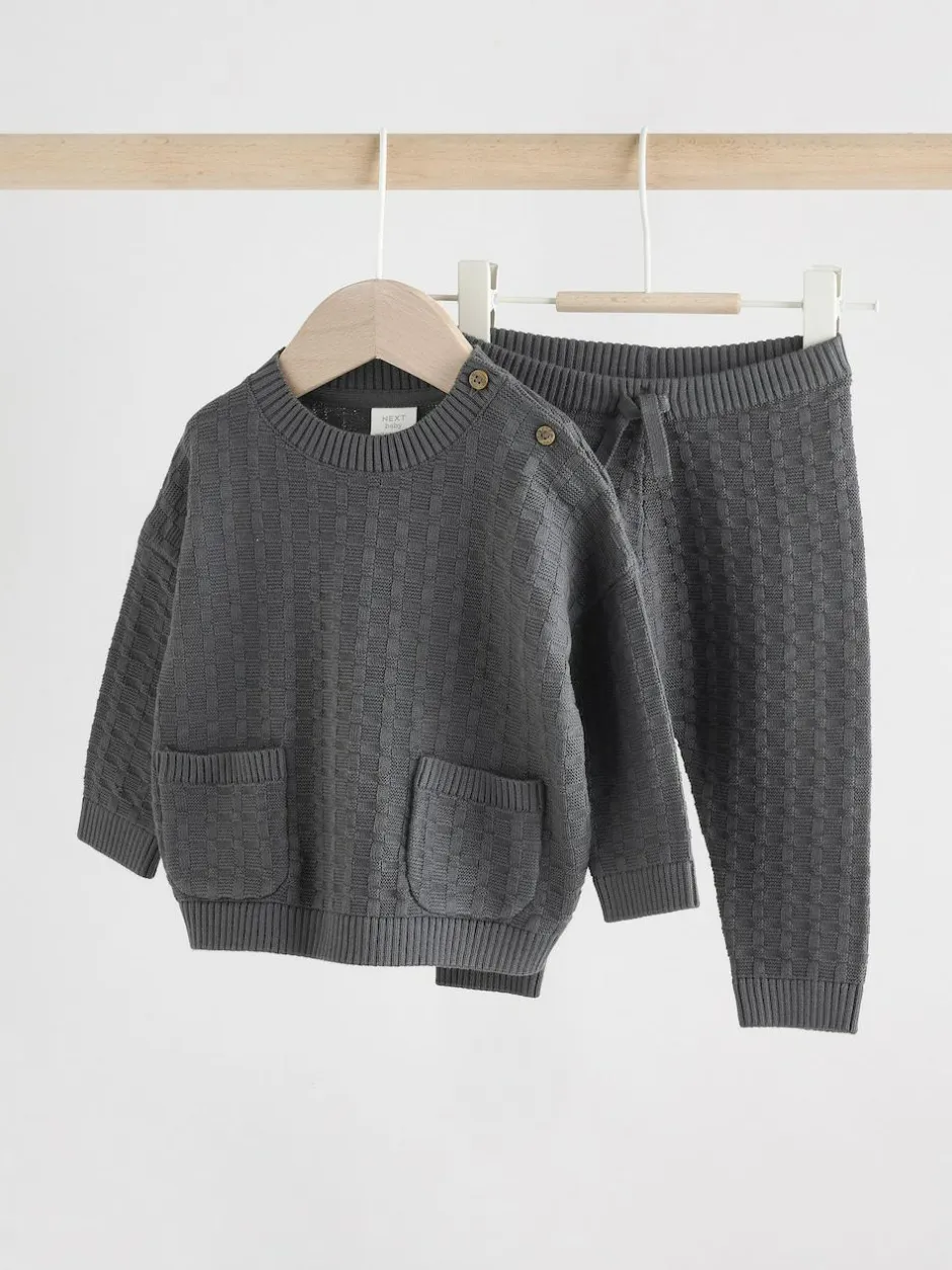 Next Baby Textured Knitted 100% Cotton Jumper and Leggings Set (0mths-3yrs) Charcoal Grey Discount