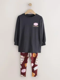 Next Charcoal Grey Bubble Tea Graphic Print Top and Leggings Set (3-16yrs) New