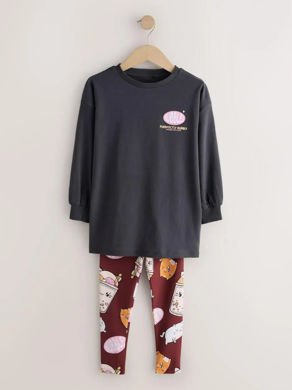 Next Charcoal Grey Bubble Tea Graphic Print Top and Leggings Set (3-16yrs) New