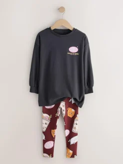 Next Charcoal Grey Bubble Tea Graphic Print Top and Leggings Set (3-16yrs) New