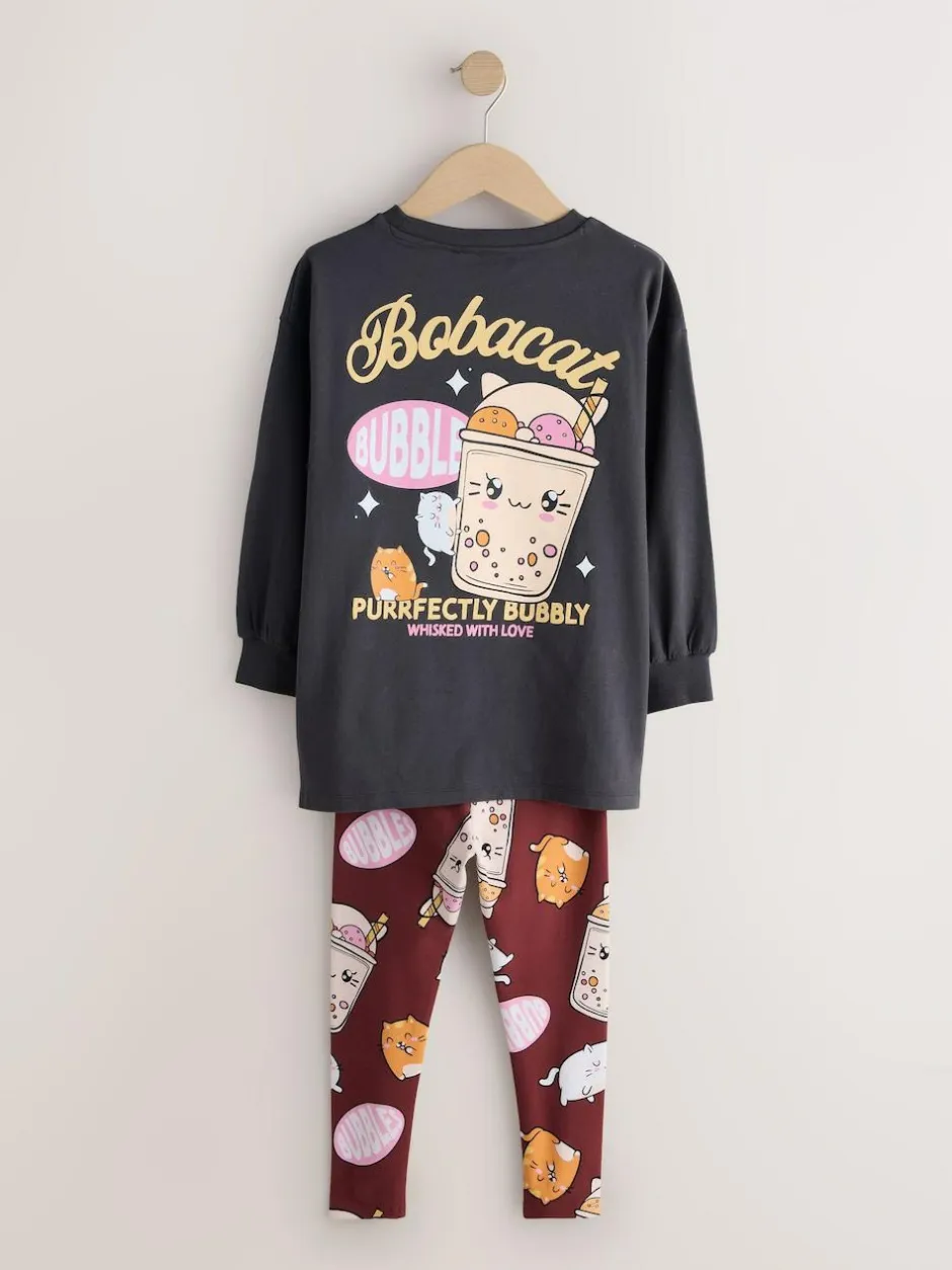 Next Charcoal Grey Bubble Tea Graphic Print Top and Leggings Set (3-16yrs) New