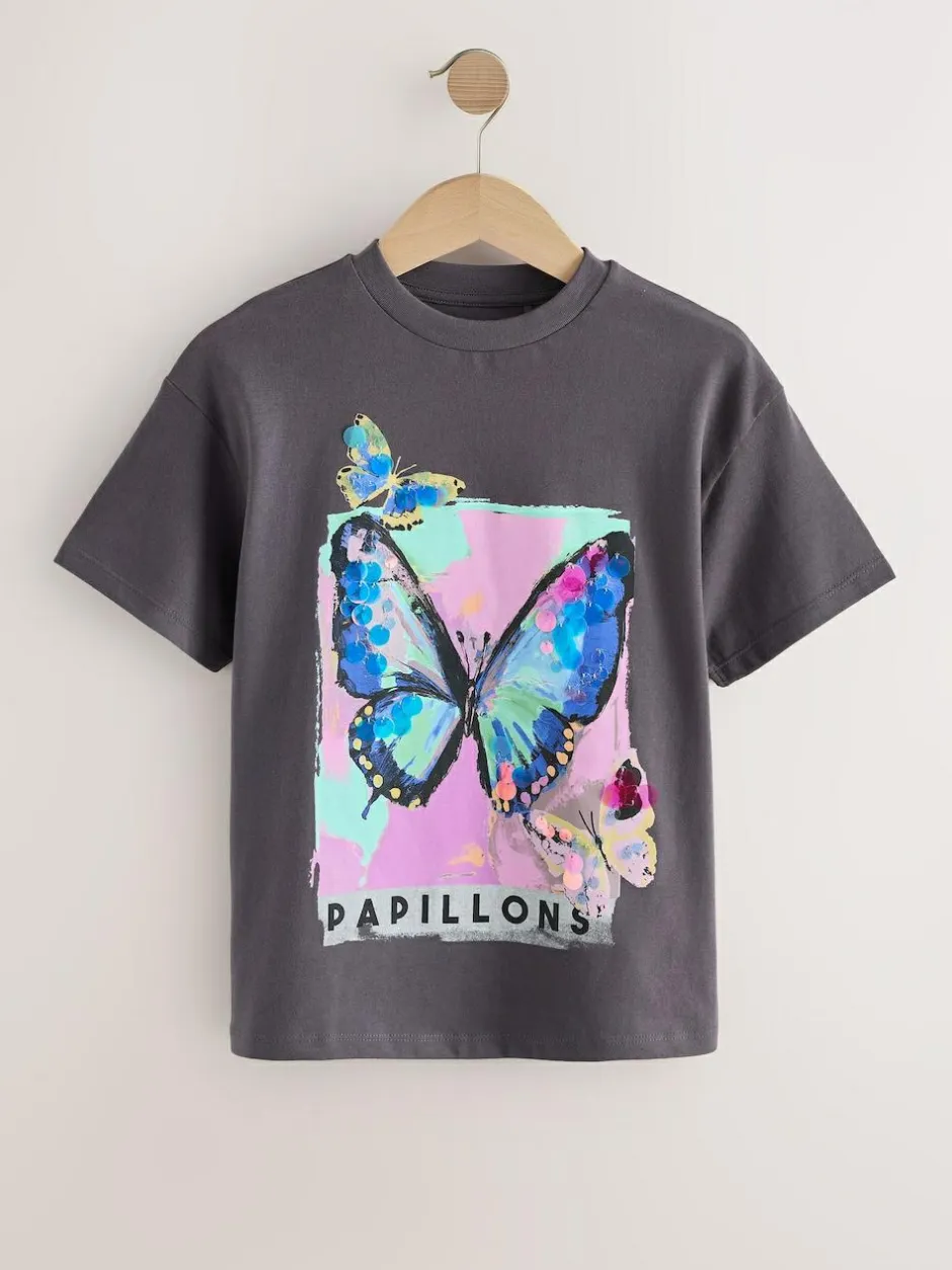 Next Charcoal Grey Butterfly Sequin Oversized T-Shirt (3-16yrs) Clearance