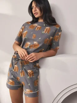Next 100% Cotton Short Set Pyjamas Charcoal Grey Hamish The Highland Cow Hot