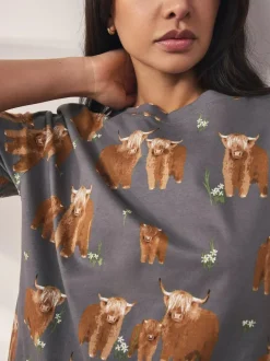 Next 100% Cotton Short Set Pyjamas Charcoal Grey Hamish The Highland Cow Hot