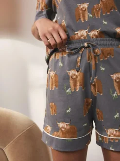 Next 100% Cotton Short Set Pyjamas Charcoal Grey Hamish The Highland Cow Hot