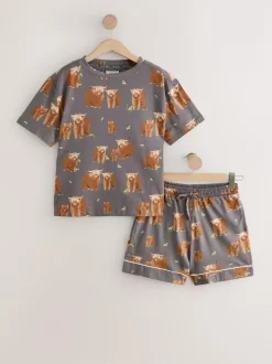 Next 100% Cotton Short Set Pyjamas Charcoal Grey Hamish The Highland Cow Hot