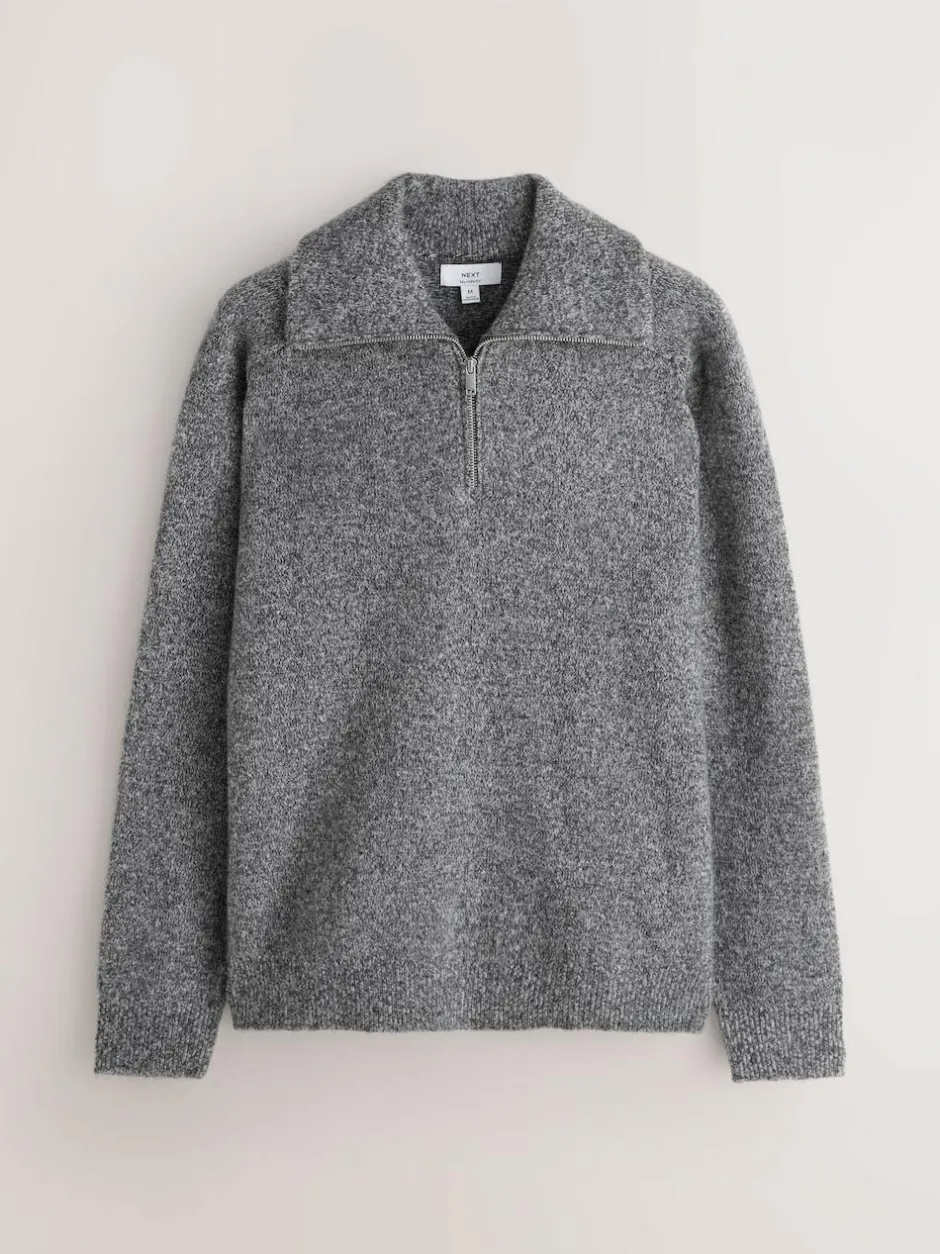 Next Quarter Zip Neck Jumper with Wool Charcoal Grey Hot