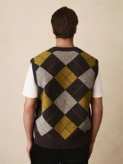 Next Charcoal Grey/Ochre Yellow Relaxed Fit Argyle Knitted V-Neck Tank with Wool Online