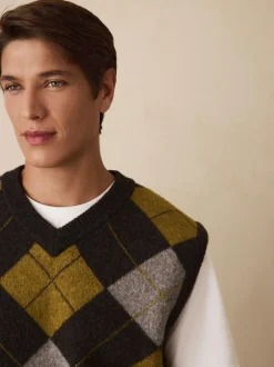 Next Charcoal Grey/Ochre Yellow Relaxed Fit Argyle Knitted V-Neck Tank with Wool Online