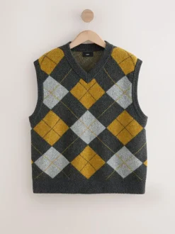 Next Charcoal Grey/Ochre Yellow Relaxed Fit Argyle Knitted V-Neck Tank with Wool Online