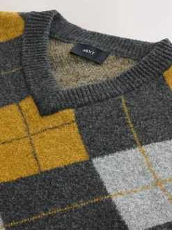Next Charcoal Grey/Ochre Yellow Relaxed Fit Argyle Knitted V-Neck Tank with Wool Online