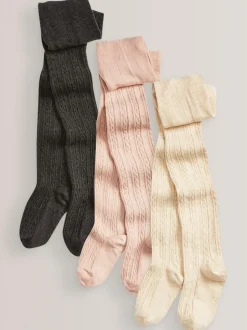 Next Regular Length Cotton Rich Cable Tights 3 Pack Charcoal Grey/Pink/Cream Clearance