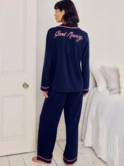 Chelsea Peers Blue Cotton Embroidered Good Morning Long Pyjamas Set Sale