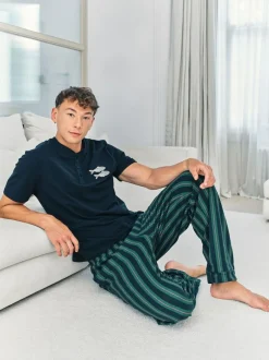 Chelsea Peers Blue Embroidered Fish Henley Stripe Long Pyjama Set