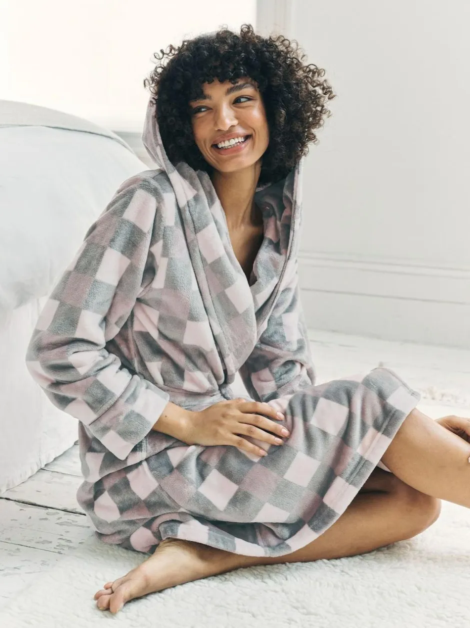Chelsea Peers Cream Fleece Check Hooded Dressing Gown Best