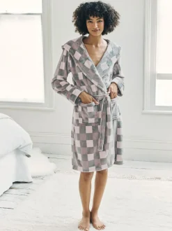 Chelsea Peers Cream Fleece Check Hooded Dressing Gown Best